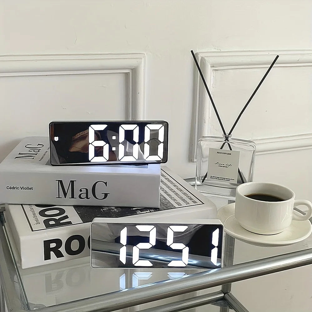 1pc Luminous Mirror Clock Dormitory Desktop LED Electronic Clock Digital Electronic Alarm Desktop Decoration Alarm Clock